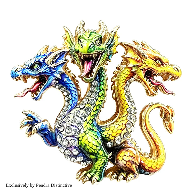 PENDRA Mythic Hydra Three-Headed Rhinestone Brooch
