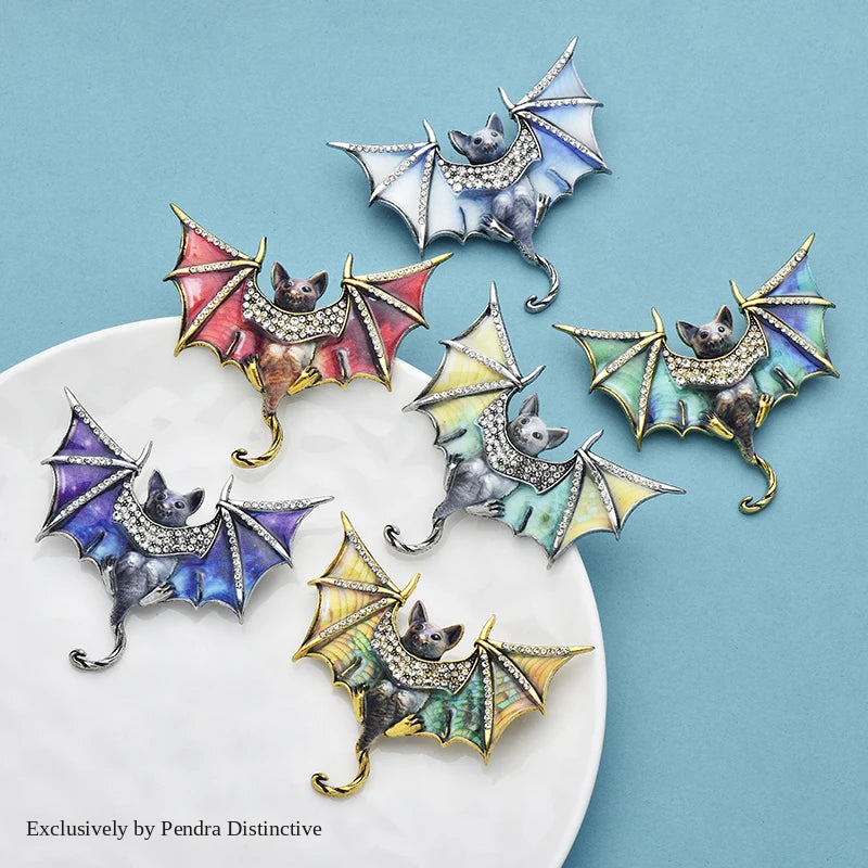 PENDRA Night Bat Enamel Rhinestone Brooch