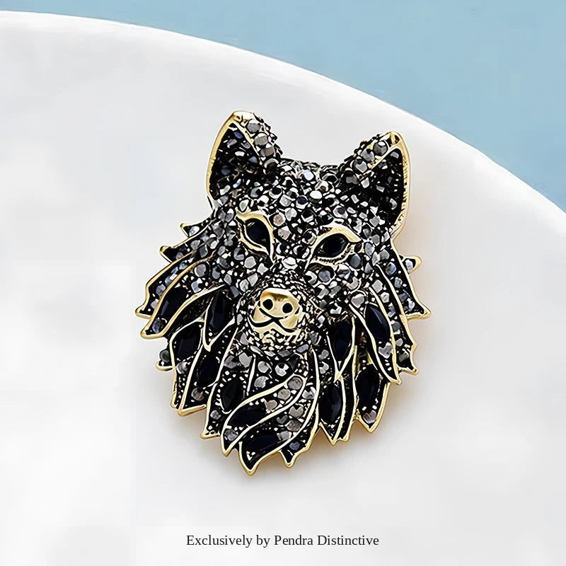 PENDRA Nightfall Rhinestone Wolf Brooch