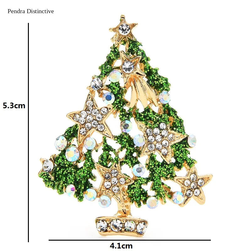 PENDRA Noelgreen Green Rhinestone Christmas Tree Brooch