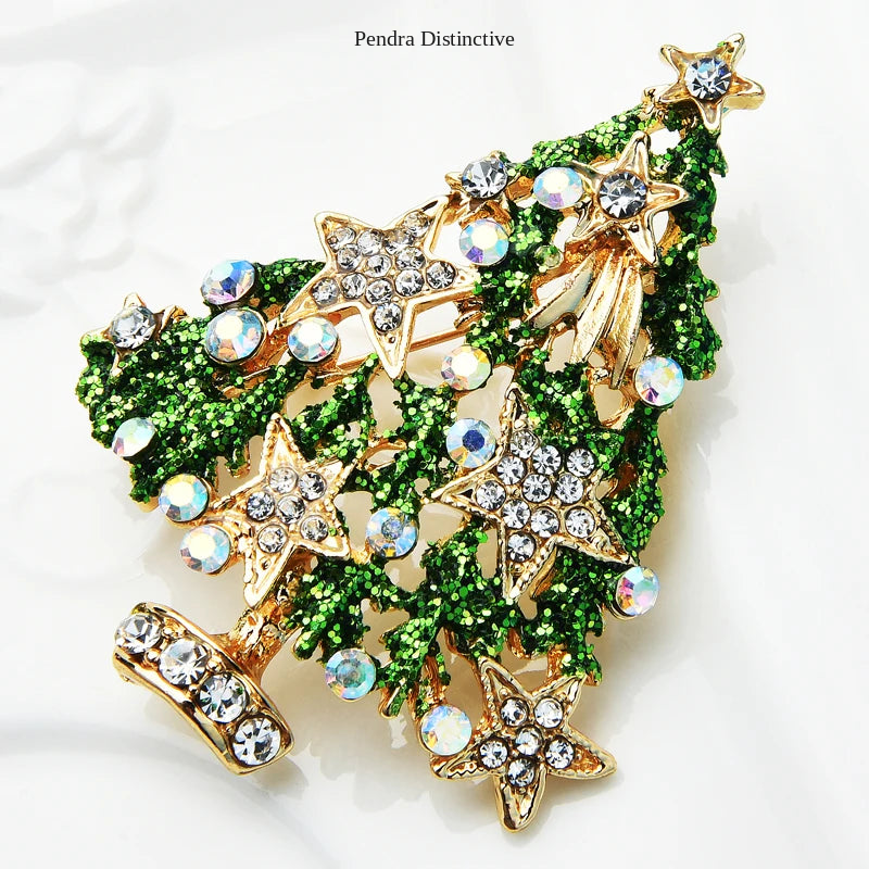 PENDRA Noelgreen Green Rhinestone Christmas Tree Brooch