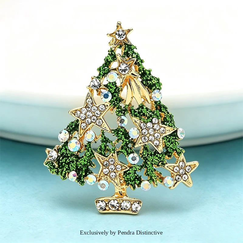PENDRA Noelgreen Green Rhinestone Christmas Tree Brooch