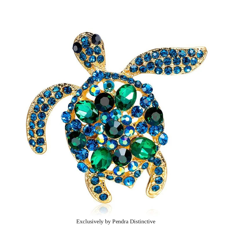 PENDRA Ocean Turtle Rhinestone Animal Brooch