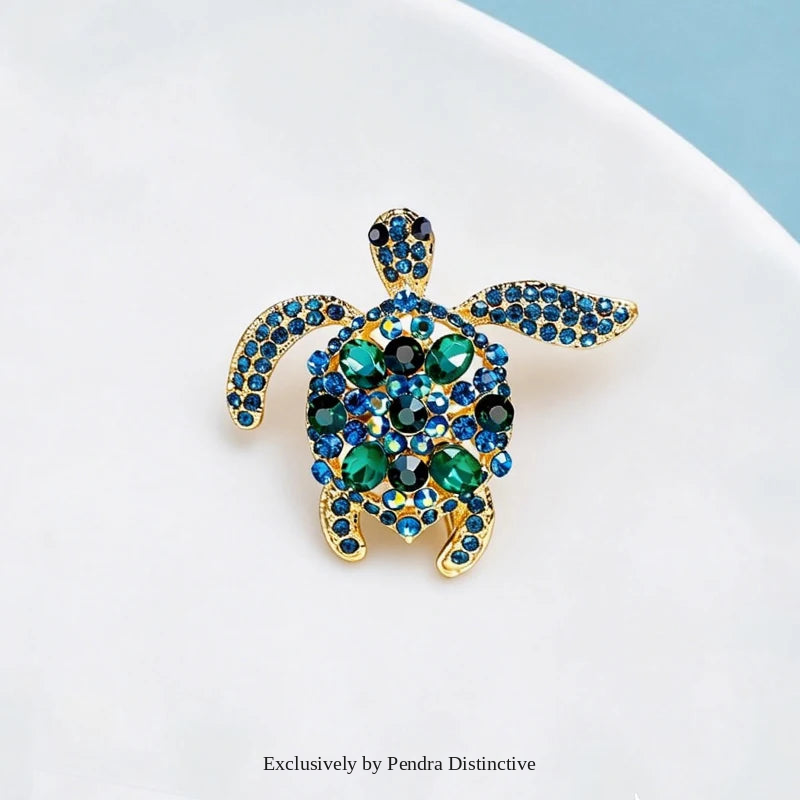 PENDRA Ocean Turtle Rhinestone Animal Brooch