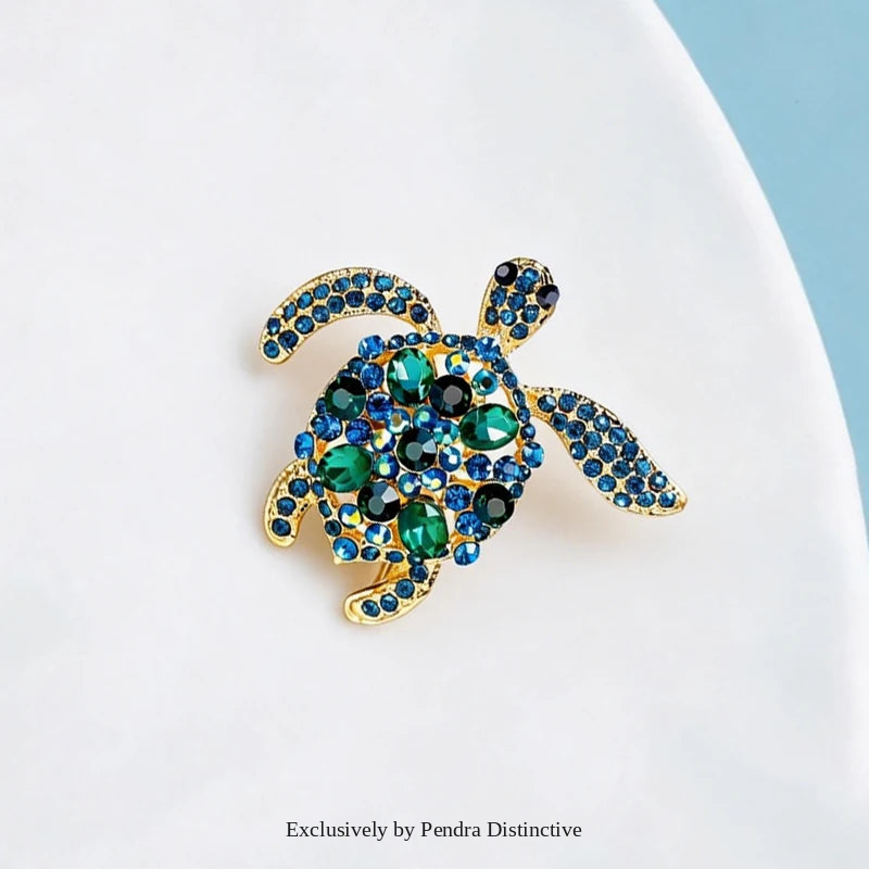 PENDRA Ocean Turtle Rhinestone Animal Brooch