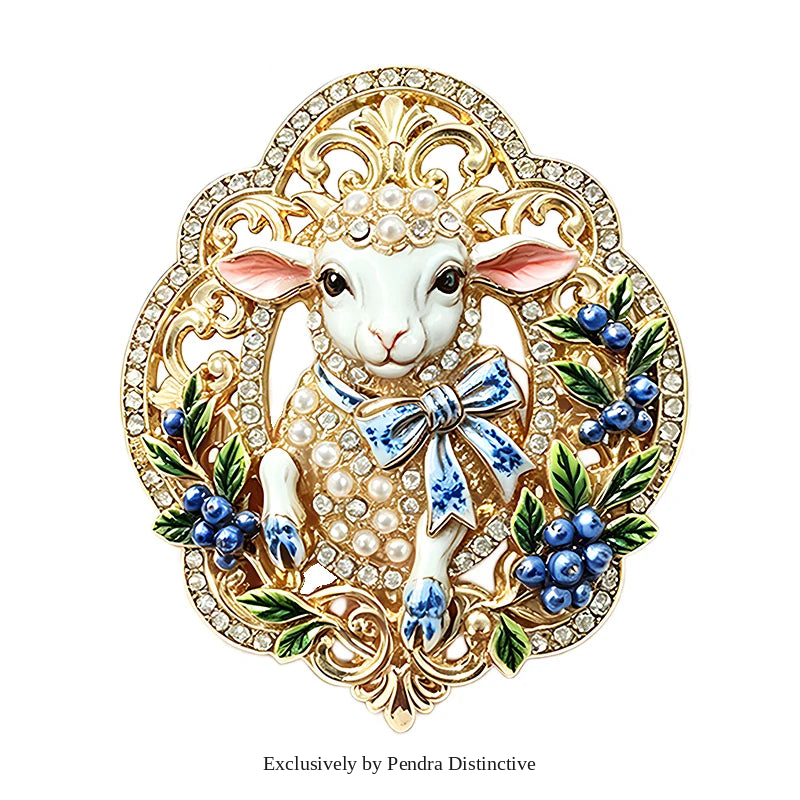 PENDRA Opal Enamel Rhinestone Sheep Brooch