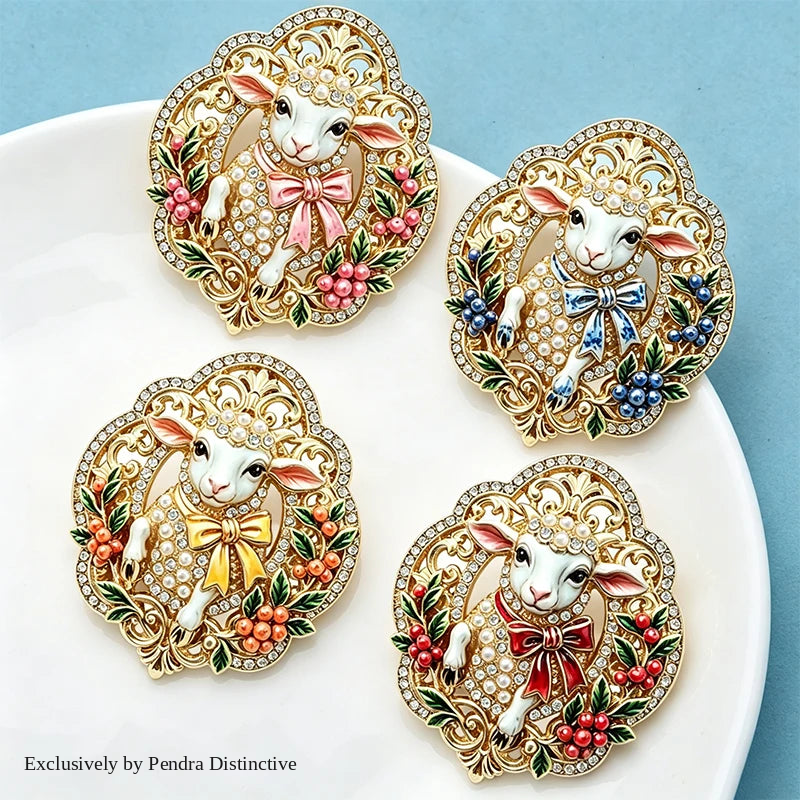 PENDRA Opal Enamel Rhinestone Sheep Brooch