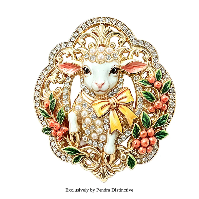 PENDRA Opal Enamel Rhinestone Sheep Brooch