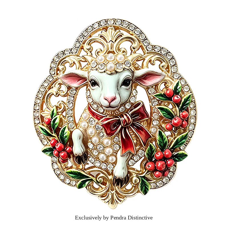 PENDRA Opal Enamel Rhinestone Sheep Brooch