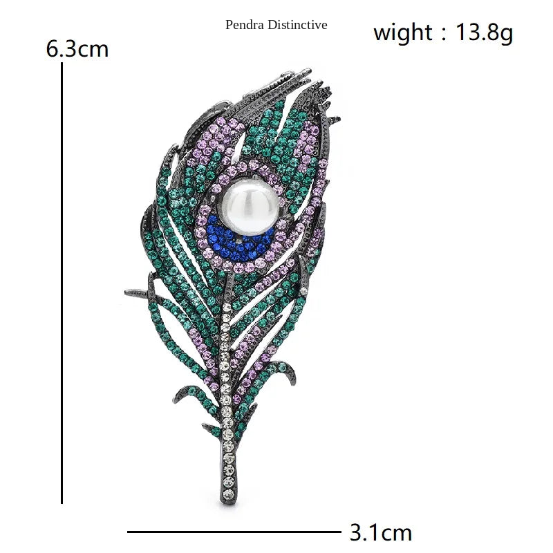 PENDRA Peacock Rhinestone Feather Brooch