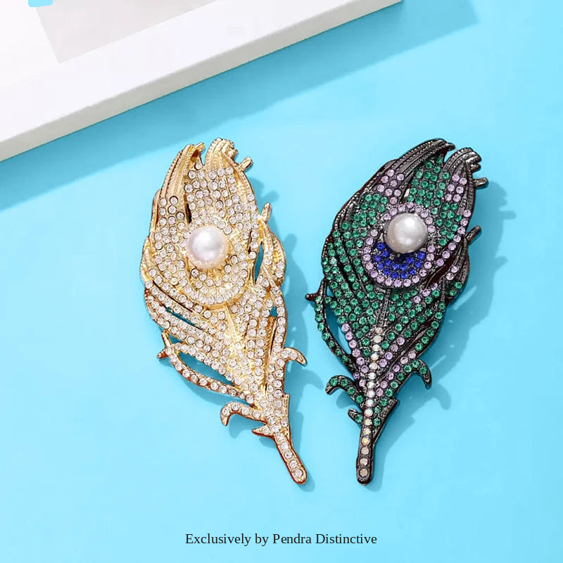 PENDRA Peacock Rhinestone Feather Brooch