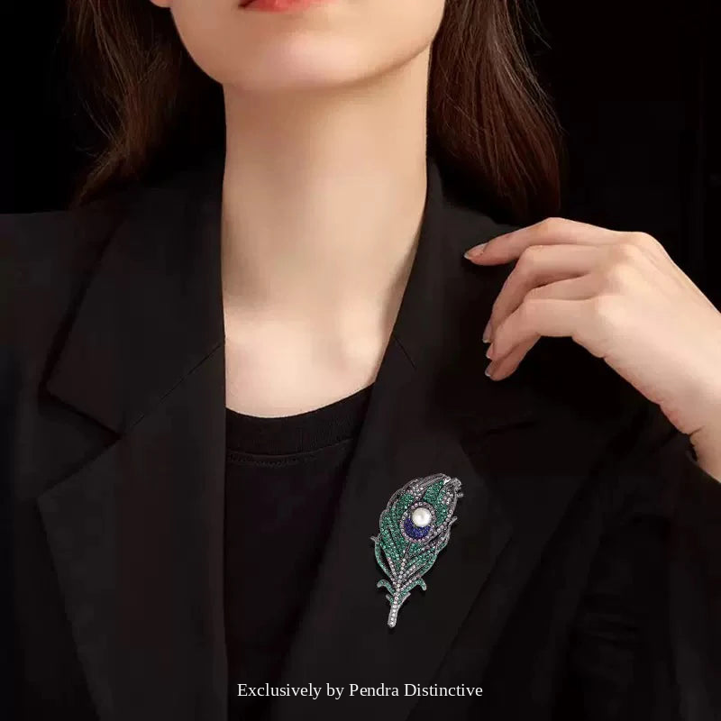PENDRA Peacock Rhinestone Feather Brooch