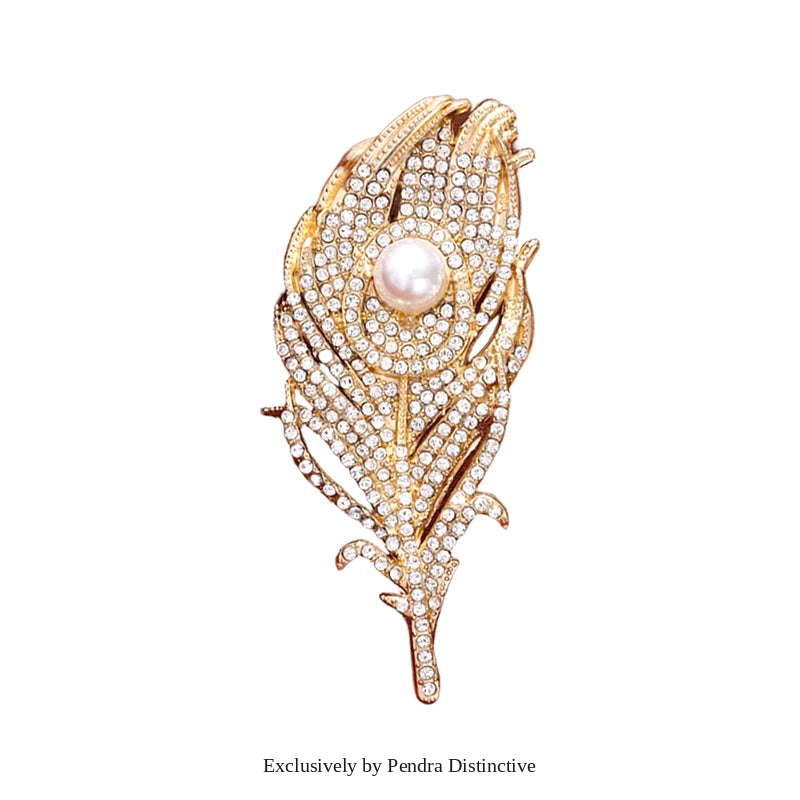 PENDRA Peacock Rhinestone Feather Brooch