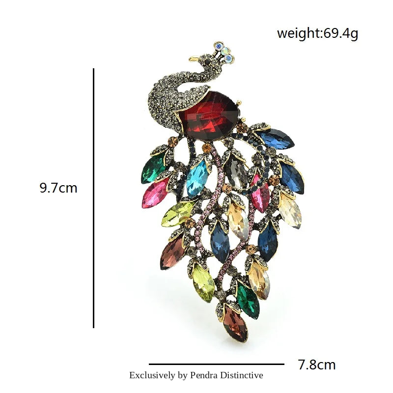 PENDRA Peacrest 3-Color Rhinestone Peacock Brooch