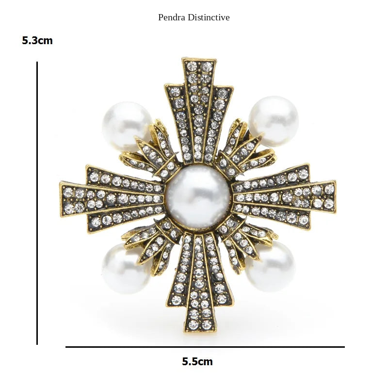 PENDRA Pearl Cross Vintage Rhinestone Brooch