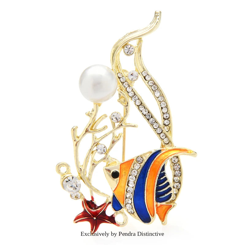 PENDRA Pearl Enamel Fish Brooch