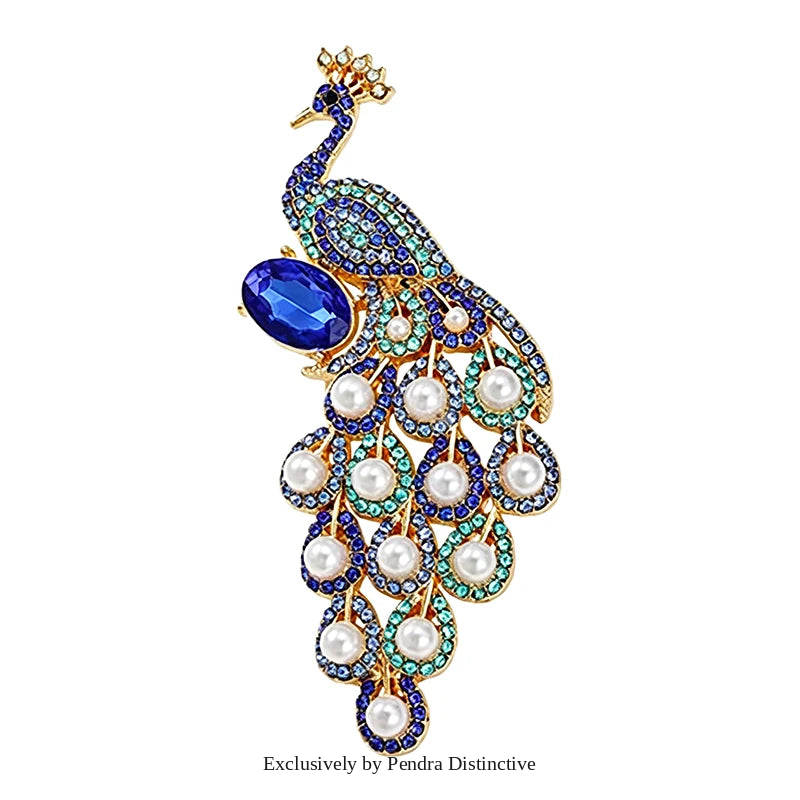 PENDRA Pearl Peacock Rhinestone Bird Brooch