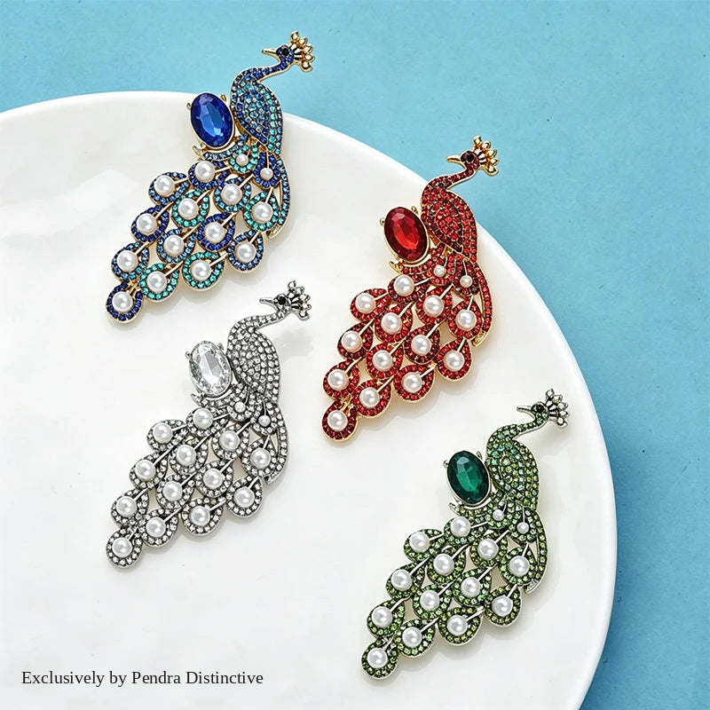 PENDRA Pearl Peacock Rhinestone Bird Brooch