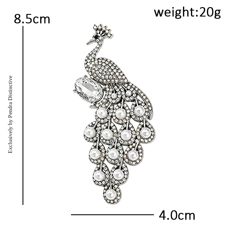 PENDRA Pearl Peacock Rhinestone Bird Brooch
