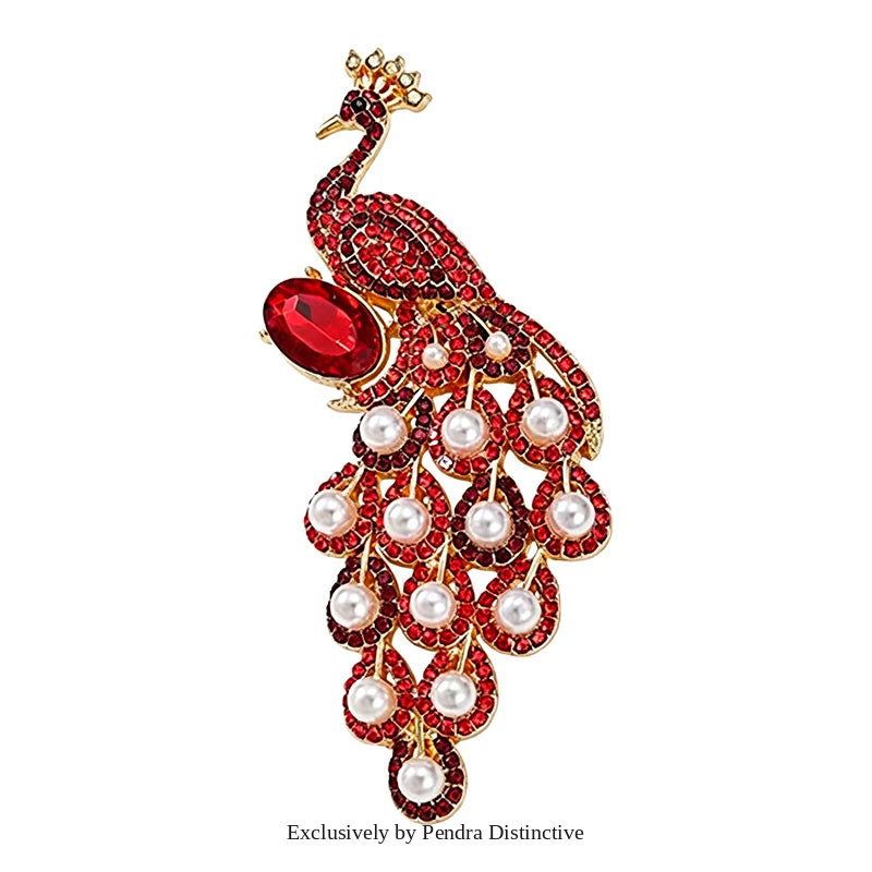 PENDRA Pearl Peacock Rhinestone Bird Brooch