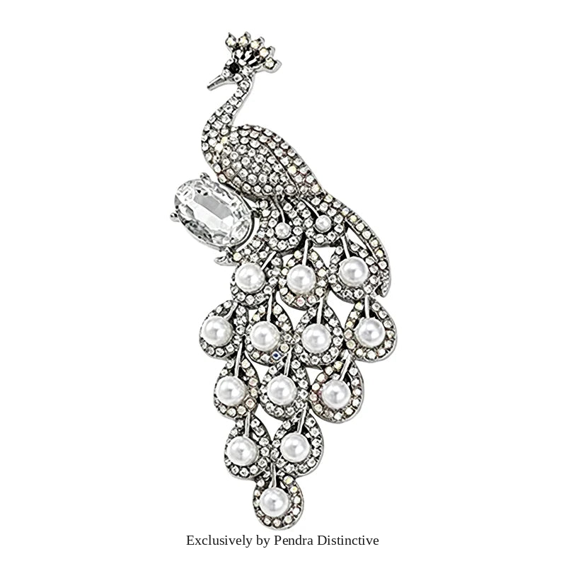 PENDRA Pearl Peacock Rhinestone Bird Brooch