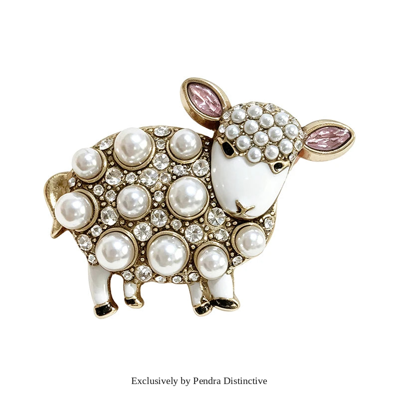 PENDRA Pearl Sheep Rhinestone Brooch