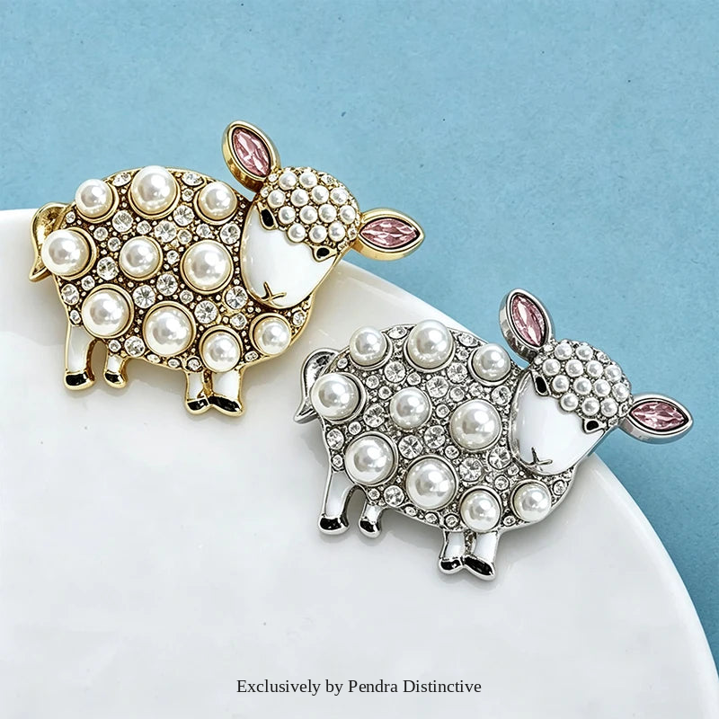 PENDRA Pearl Sheep Rhinestone Brooch