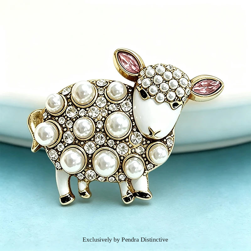 PENDRA Pearl Sheep Rhinestone Brooch