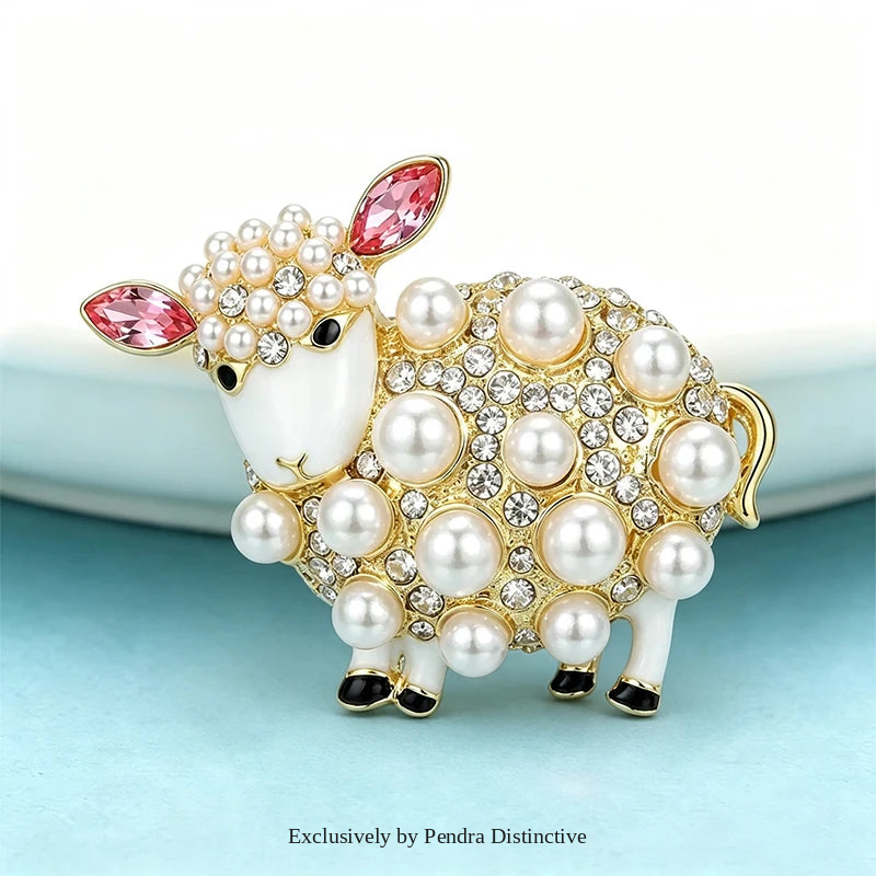 PENDRA Pearlbloom Rhinestone Sheep Brooch