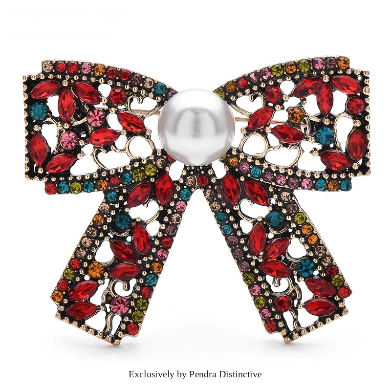 PENDRA Bowelle Rhinestone Pearl Bow Brooch