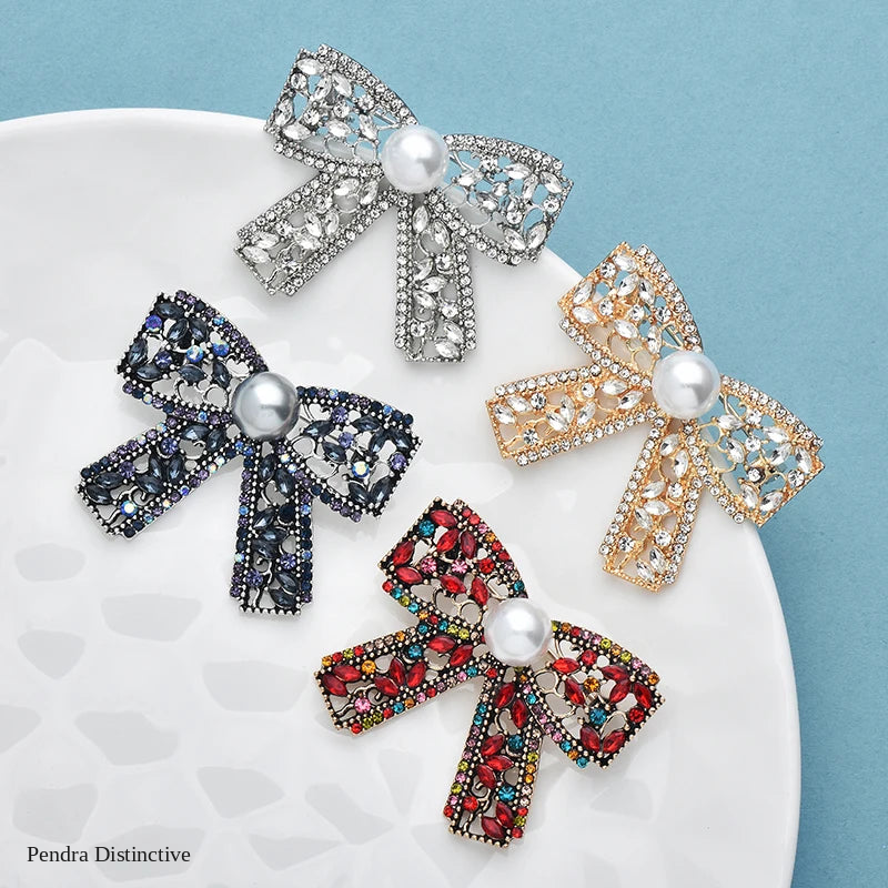 PENDRA Bowelle Rhinestone Pearl Bow Brooch