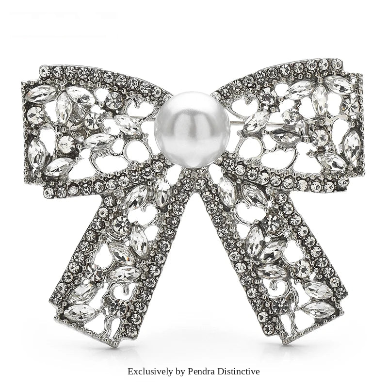 PENDRA Bowelle Rhinestone Pearl Bow Brooch