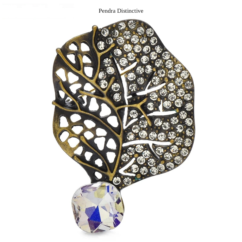 PENDRA Leafelle Rhinestone Crystal Leaf Brooch