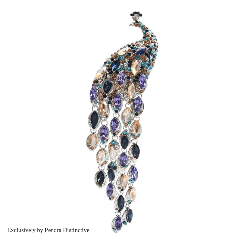 PENDRA Plume Rhinestone Tassel Peacock Brooch
