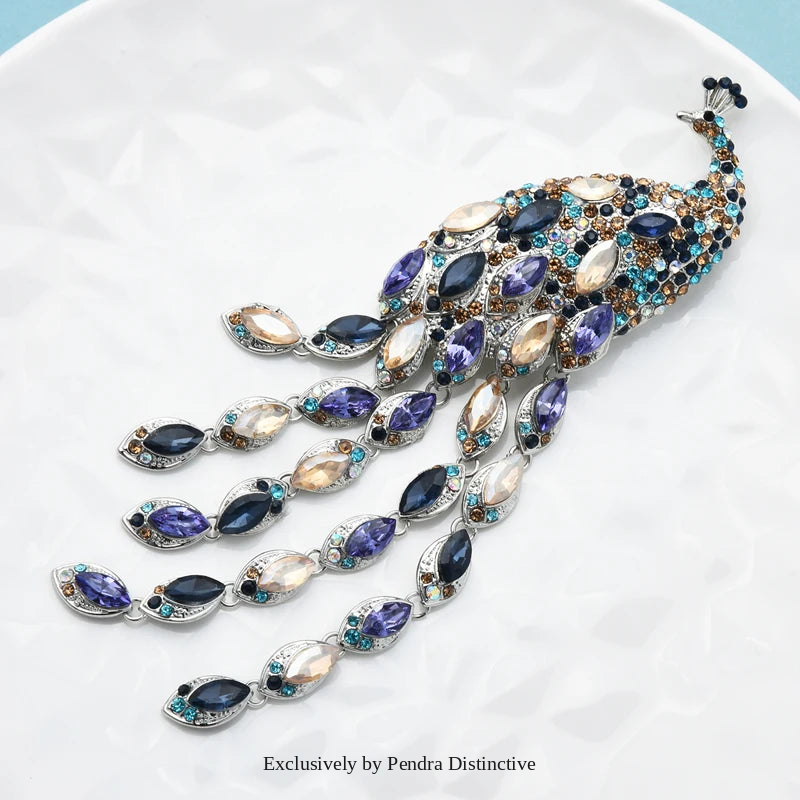 PENDRA Plume Rhinestone Tassel Peacock Brooch