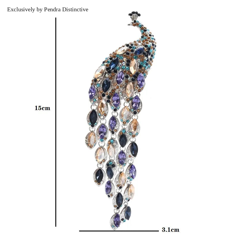 PENDRA Plume Rhinestone Tassel Peacock Brooch