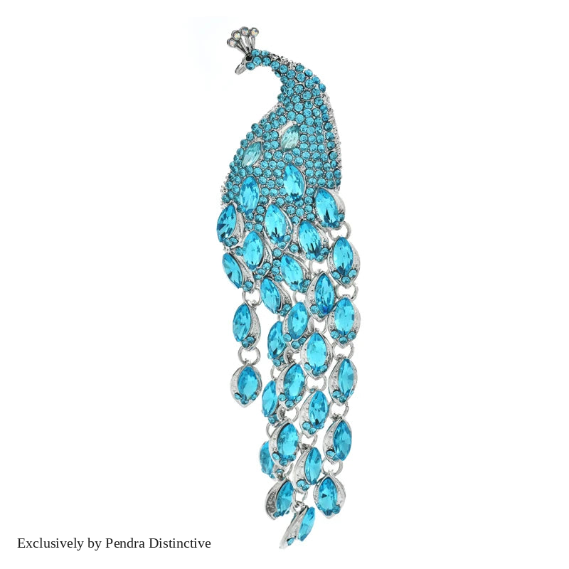 PENDRA Plume Rhinestone Tassel Peacock Brooch