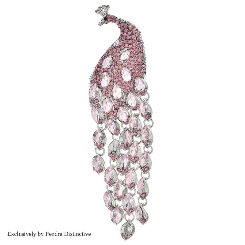 PENDRA Plume Rhinestone Tassel Peacock Brooch