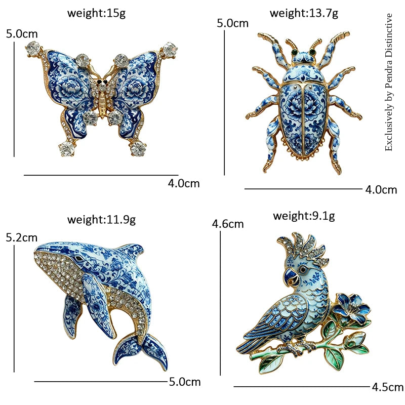 PENDRA Porcelain Animal Collection Rhinestone Brooch