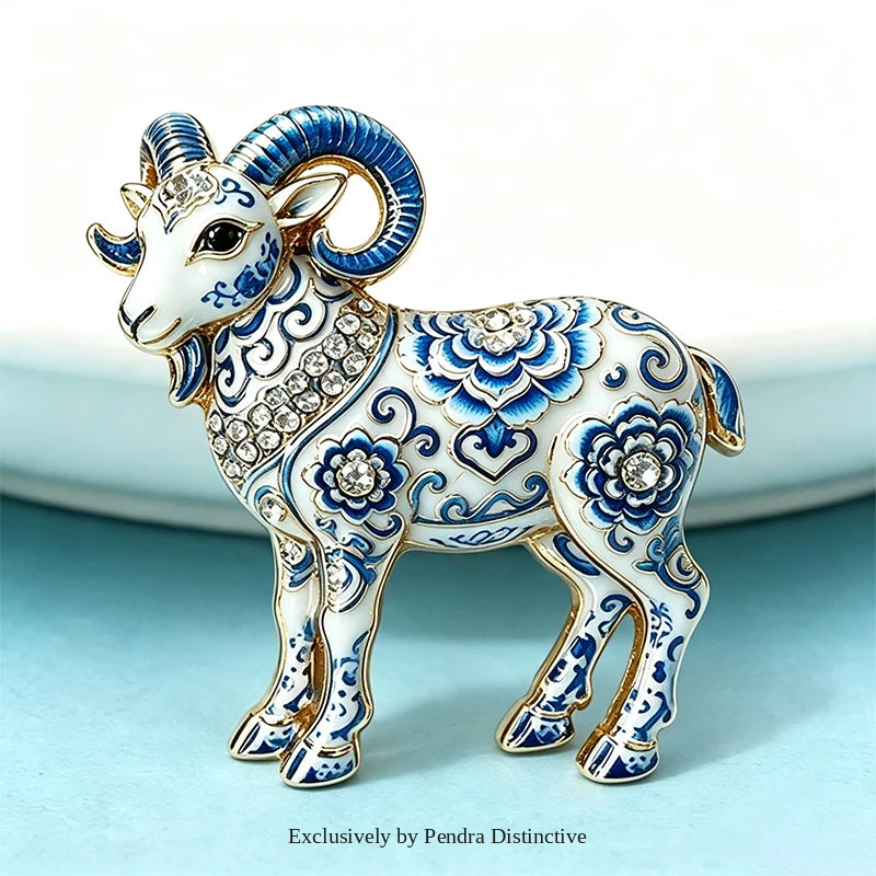 PENDRA Porcelain Goat Blue-and-White Brooch