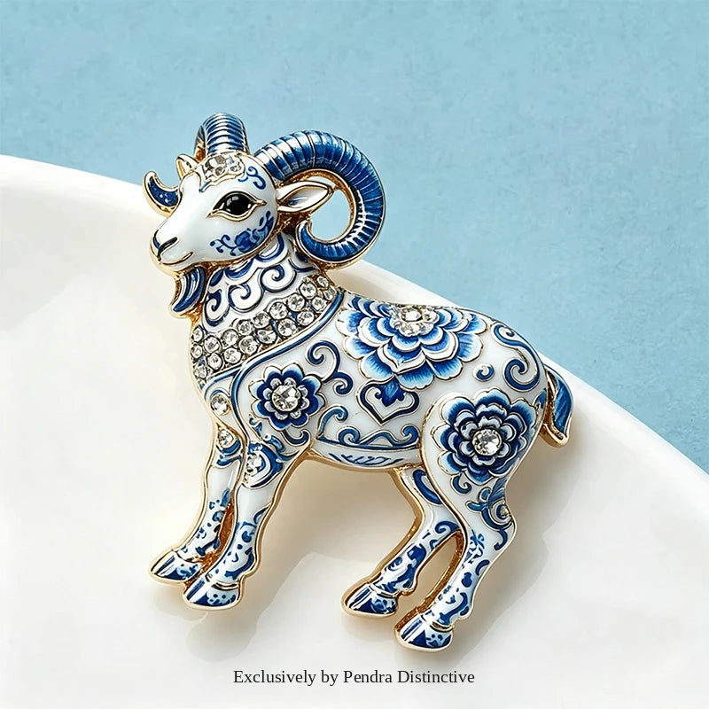 PENDRA Porcelain Goat Blue-and-White Brooch