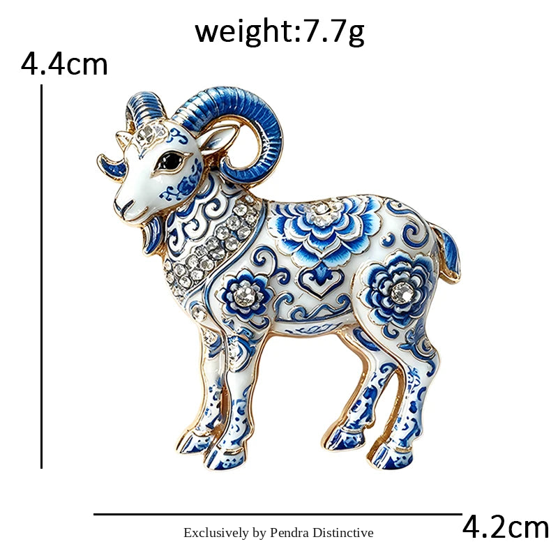 PENDRA Porcelain Goat Blue-and-White Brooch
