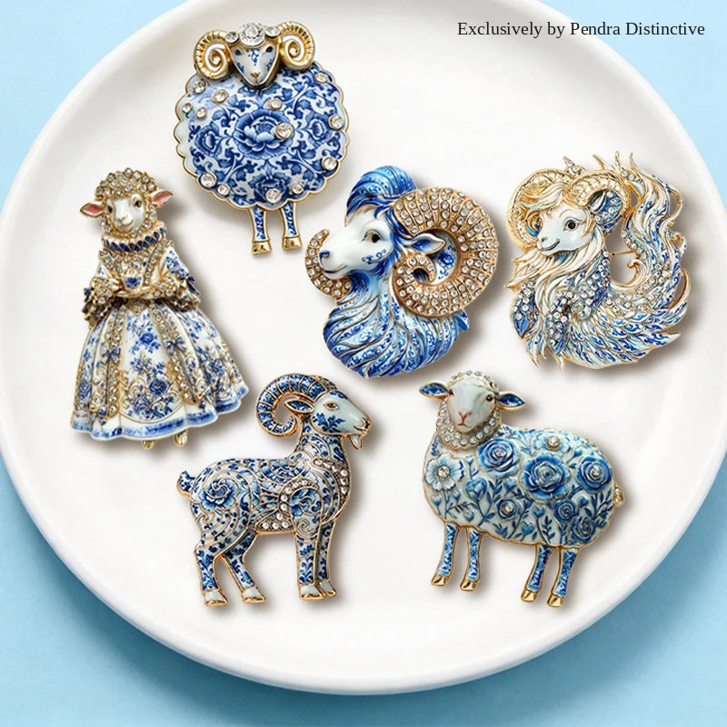 PENDRA Porcelaine Blue-White Goat Brooch