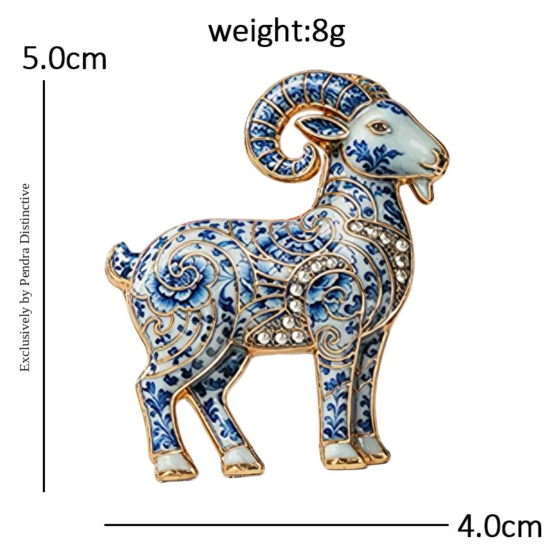 PENDRA Porcelaine Blue-White Goat Brooch