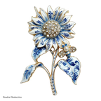 PENDRA Porcelia Blue-and-White Rhinestone Sunflower Brooch