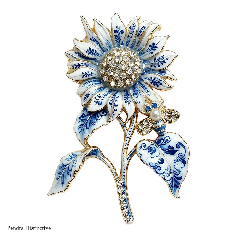 PENDRA Porcelia Blue-and-White Rhinestone Sunflower Brooch