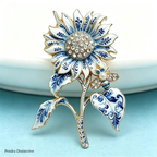 PENDRA Porcelia Blue-and-White Rhinestone Sunflower Brooch
