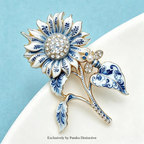 PENDRA Porcelia Blue-and-White Rhinestone Sunflower Brooch