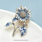 PENDRA Porcelia Blue-and-White Rhinestone Sunflower Brooch
