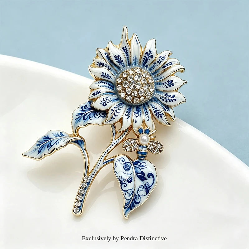 PENDRA Porcelia Blue-and-White Rhinestone Sunflower Brooch